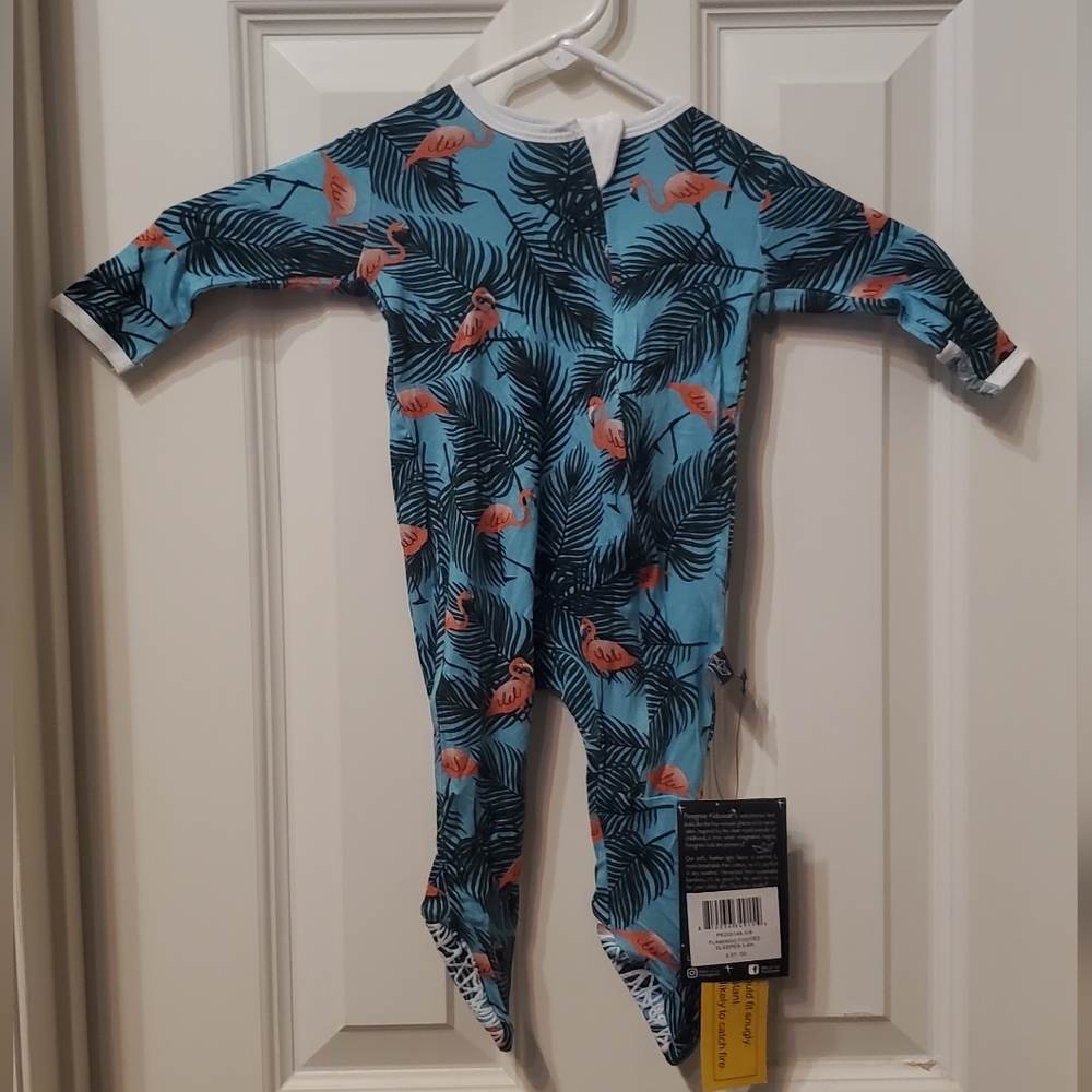 Peregrine Kidswear Bamboo Blue Onesie with Flamingo Print